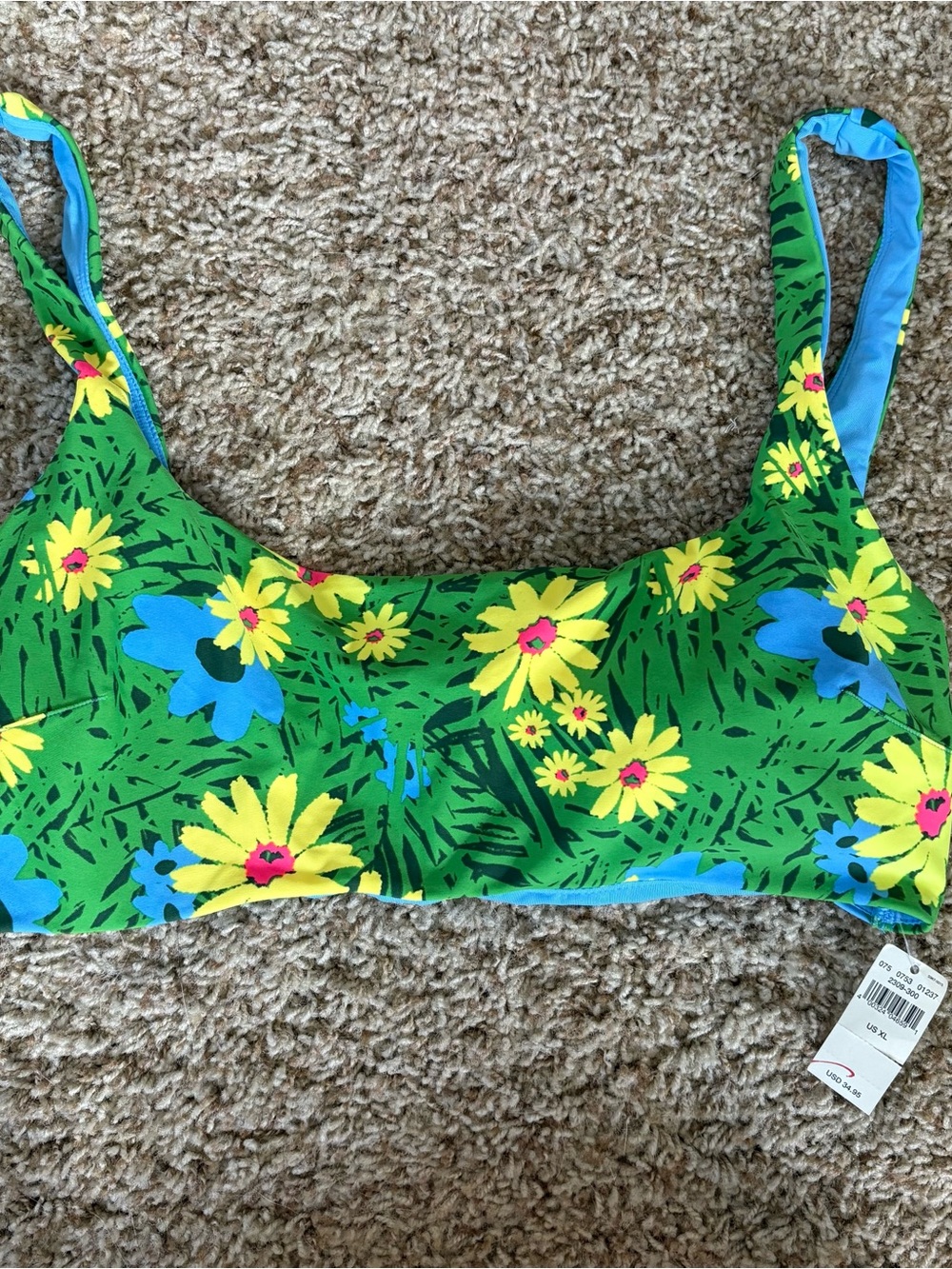 NWT aerie size XL women’s scoop bikini top green tropical with daisies